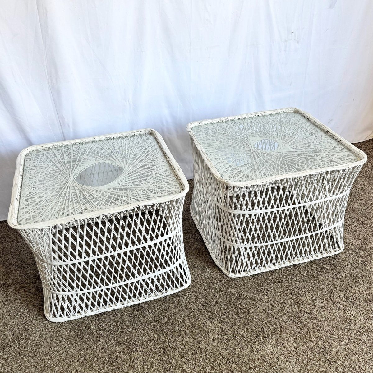 Mid Century Modern Spun Fiberglass Side Tables - A Pair - Dolphin & Flamingo