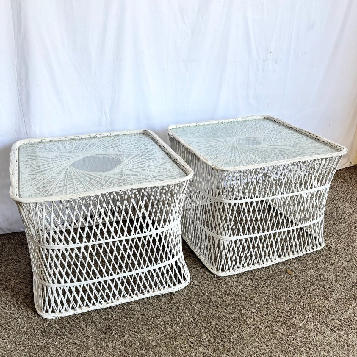 Mid Century Modern Spun Fiberglass Side Tables - A Pair - Dolphin & Flamingo