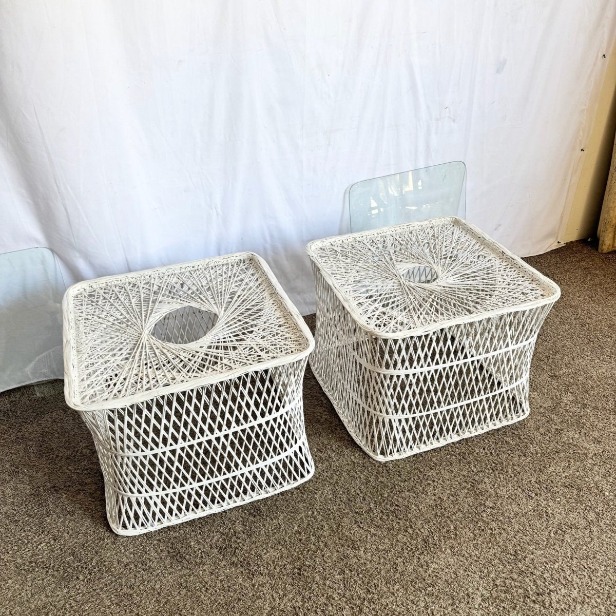 Mid Century Modern Spun Fiberglass Side Tables - A Pair - Dolphin & Flamingo