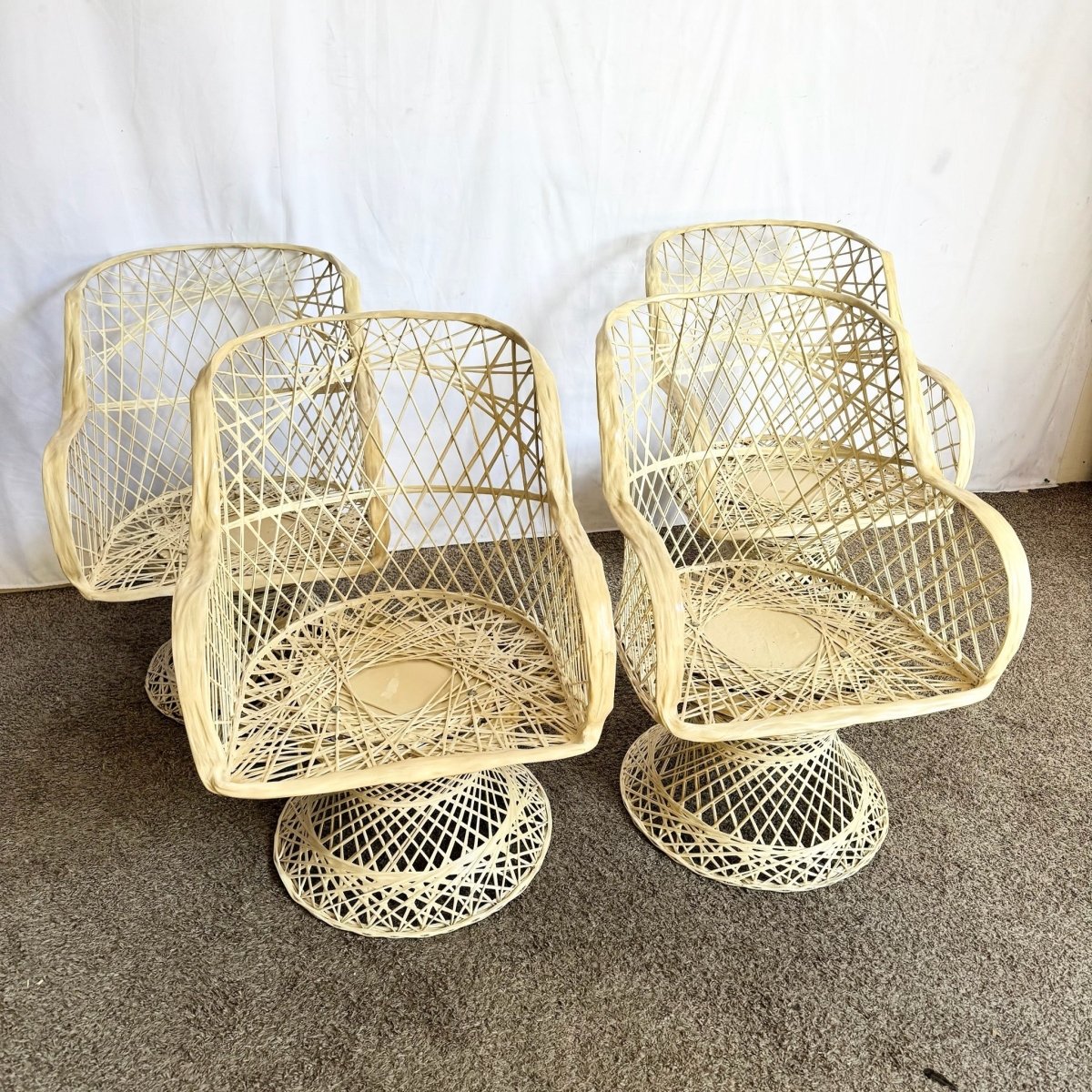 Mid Century Modern Spun Fiberglass Swivel Dining Arm Chairs - Set of 4 - Dolphin & Flamingo
