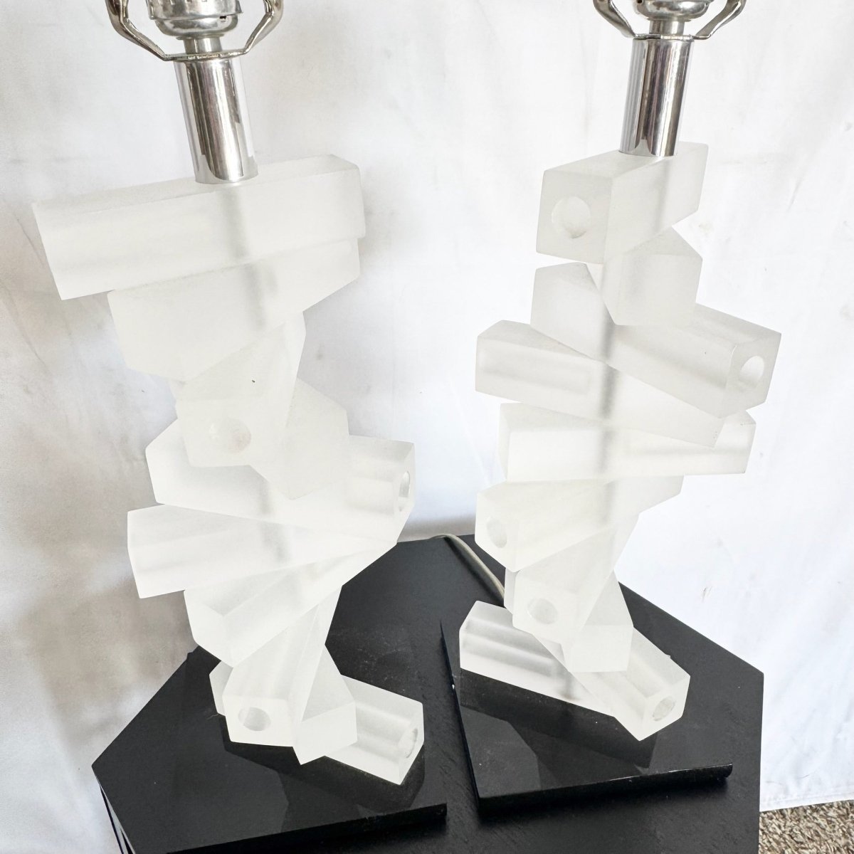 Mid Century Modern Stacked Frosted Acrylic Table Lamps - A Pair - Dolphin & Flamingo