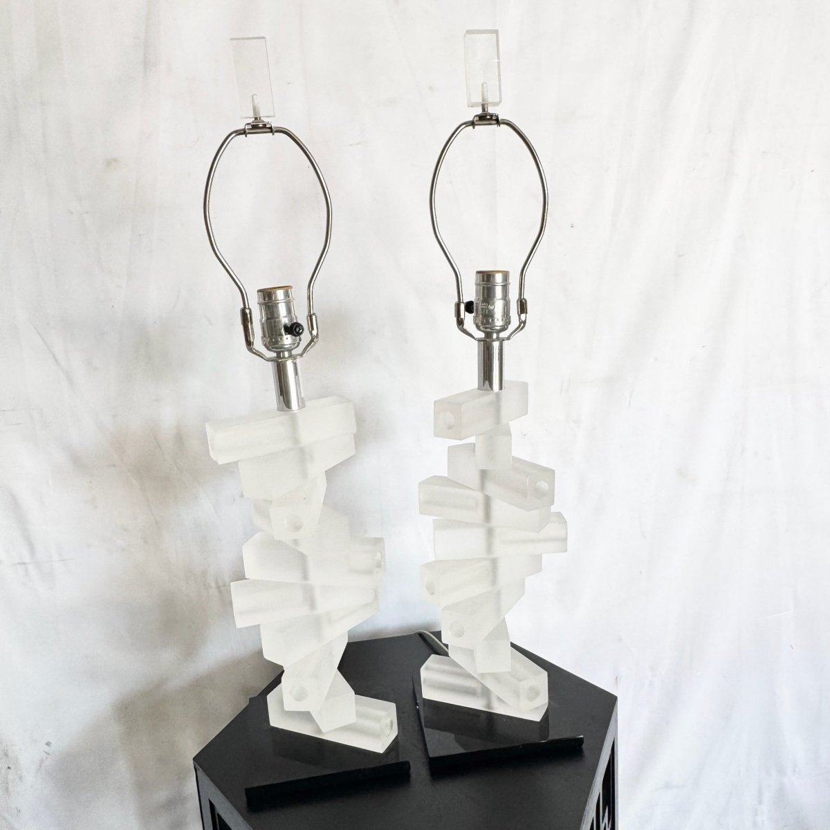 Mid Century Modern Stacked Frosted Acrylic Table Lamps - A Pair - Dolphin & Flamingo