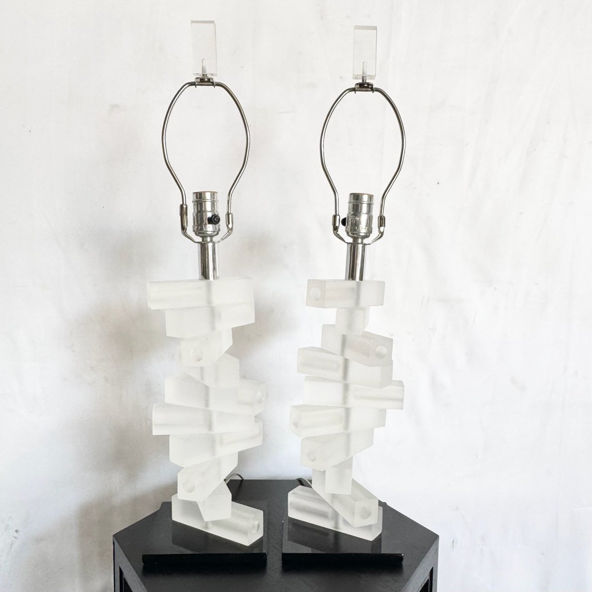 Mid Century Modern Stacked Frosted Acrylic Table Lamps - A Pair - Dolphin & Flamingo