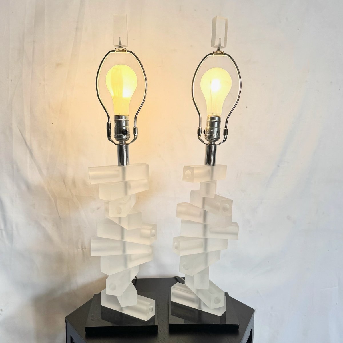 Mid Century Modern Stacked Frosted Acrylic Table Lamps - A Pair - Dolphin & Flamingo