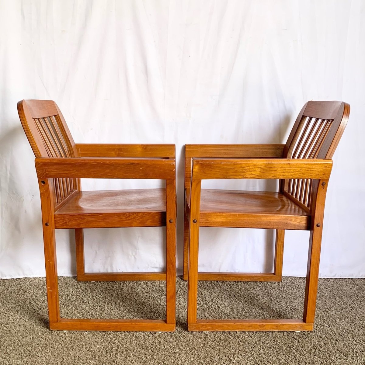 Mid Century Modern Teak Dining Arm Chairs - Set of 4 - Dolphin & Flamingo