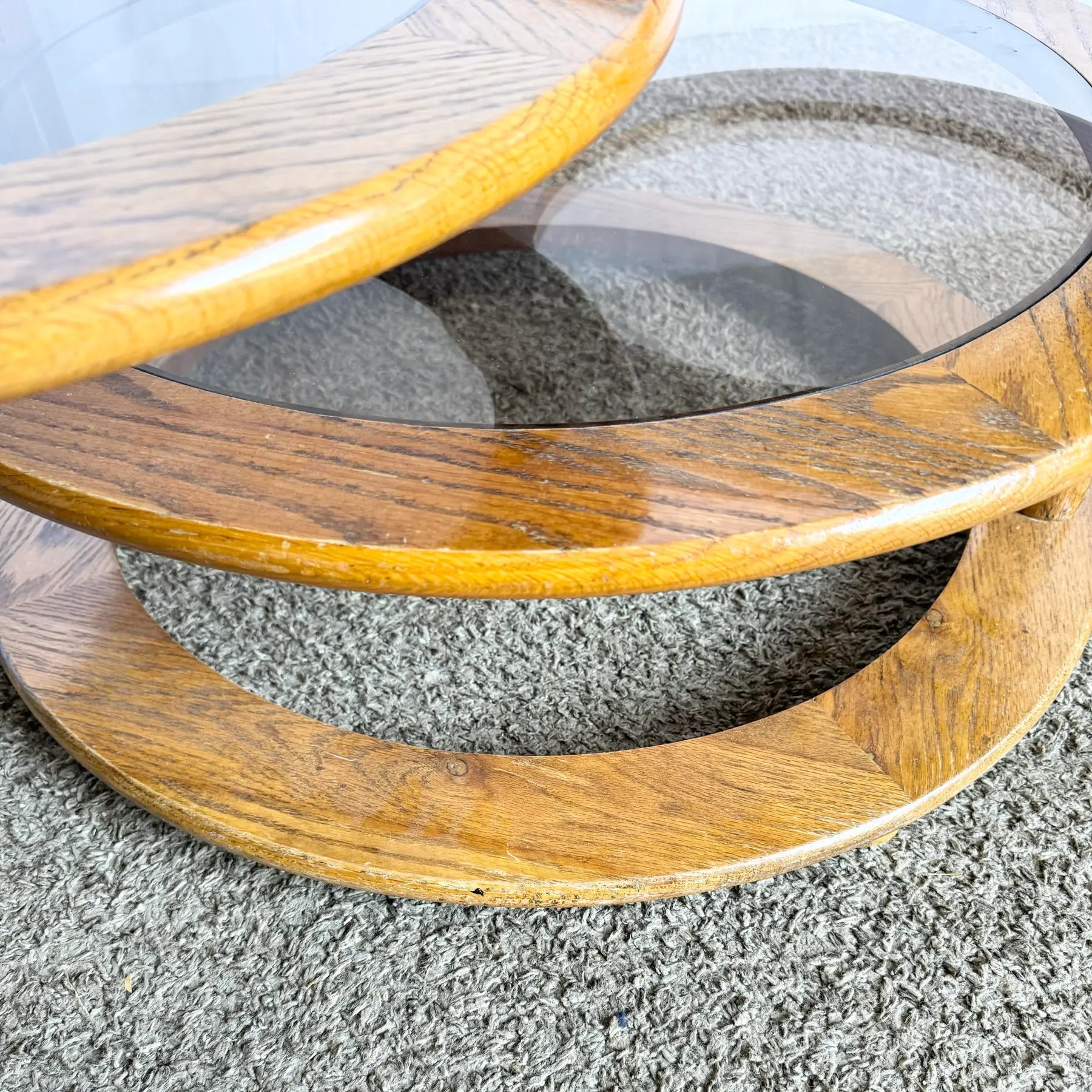 Mid Century Modern Three Tier Oak and Smoked Glass Swivel Coffee Table - Dolphin & Flamingo