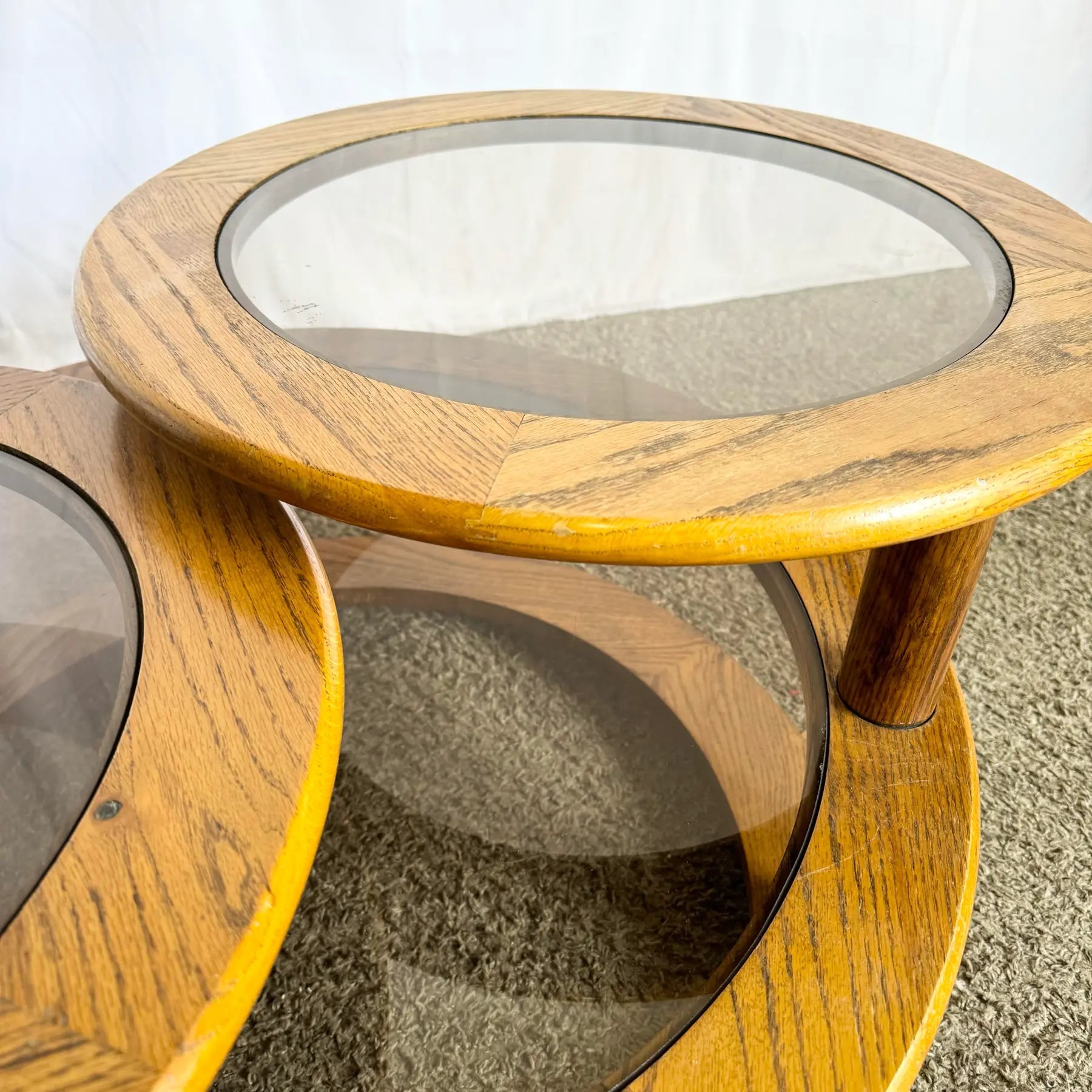 Mid Century Modern Three Tier Oak and Smoked Glass Swivel Coffee Table - Dolphin & Flamingo