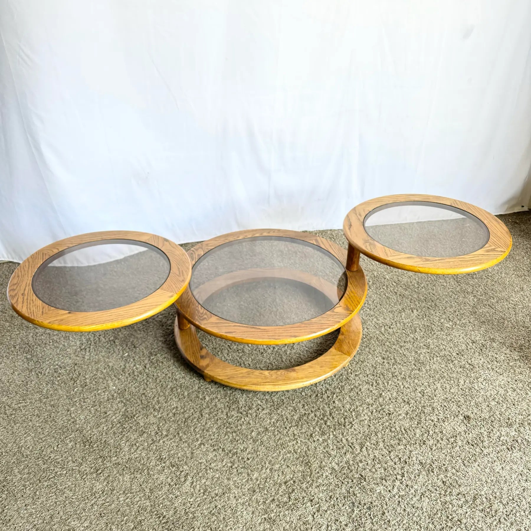 Mid Century Modern Three Tier Oak and Smoked Glass Swivel Coffee Table - Dolphin & Flamingo