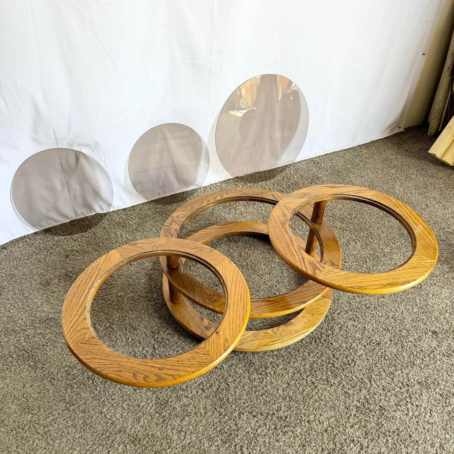 Mid Century Modern Three Tier Oak and Smoked Glass Swivel Coffee Table - Dolphin & Flamingo