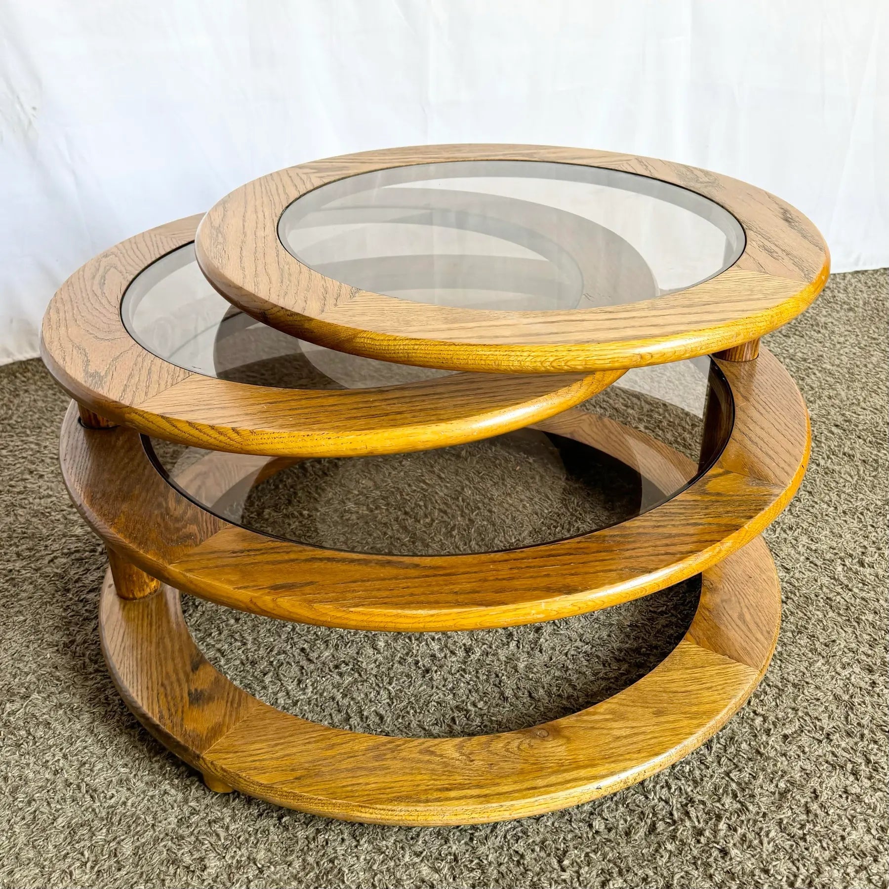 Mid Century Modern Three Tier Oak and Smoked Glass Swivel Coffee Table - Dolphin & Flamingo