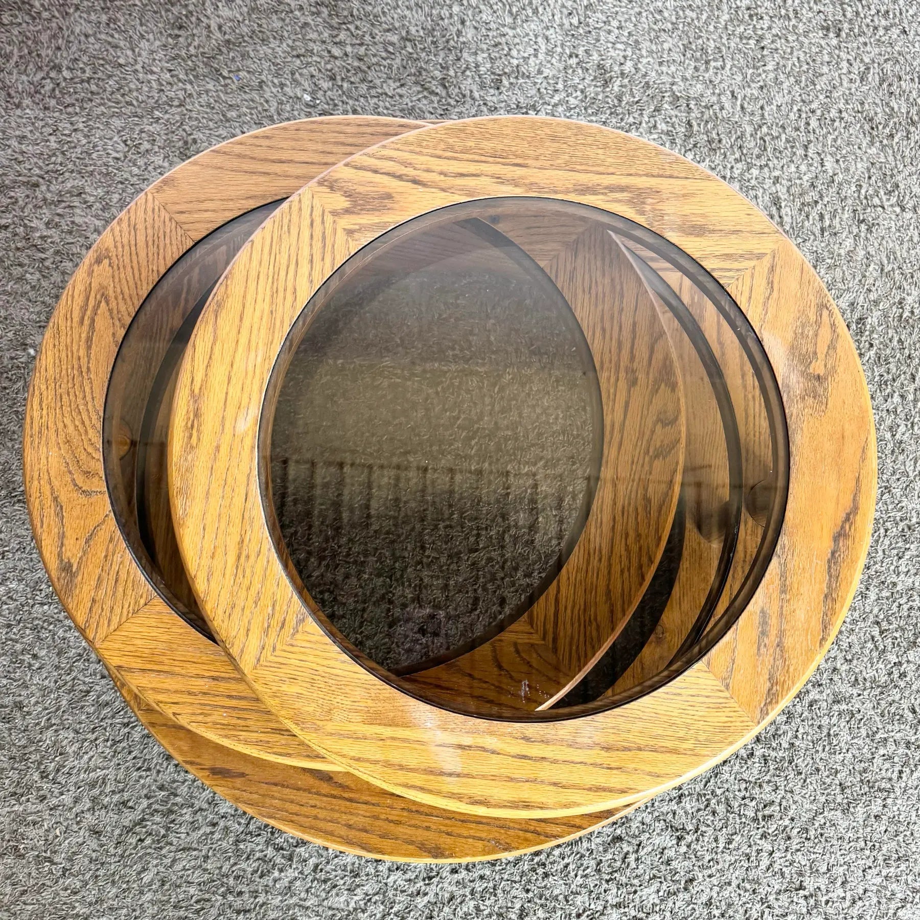 Mid Century Modern Three Tier Oak and Smoked Glass Swivel Coffee Table - Dolphin & Flamingo