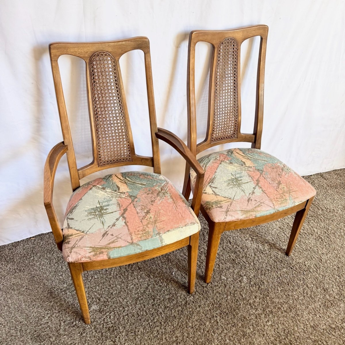 Mid Century Modern Walnut Cane Back Dining Chairs - Set of 6 - Dolphin & Flamingo