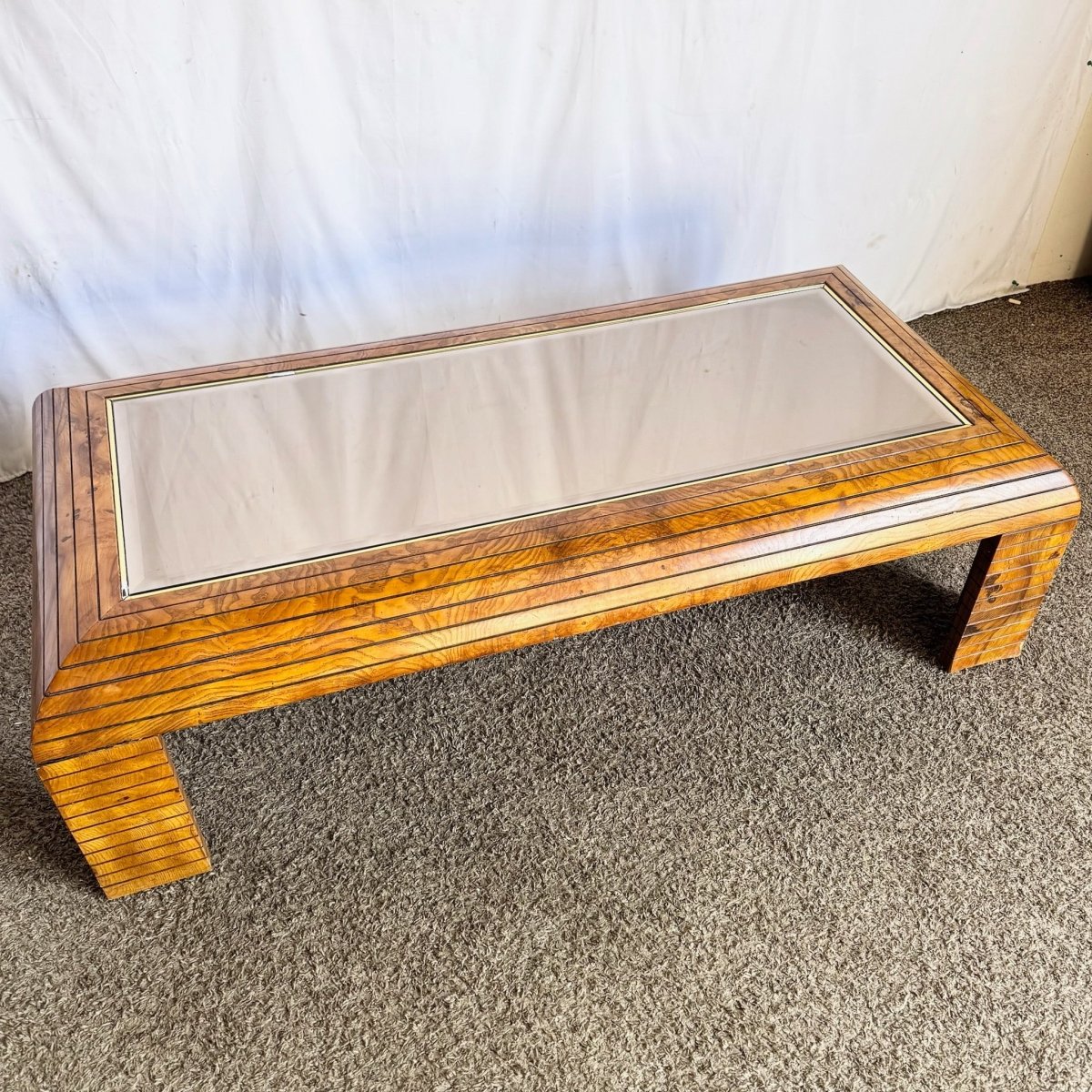Mid Century Modern Waterfall Oak Smoked Mirror Coffee Table - Dolphin & Flamingo