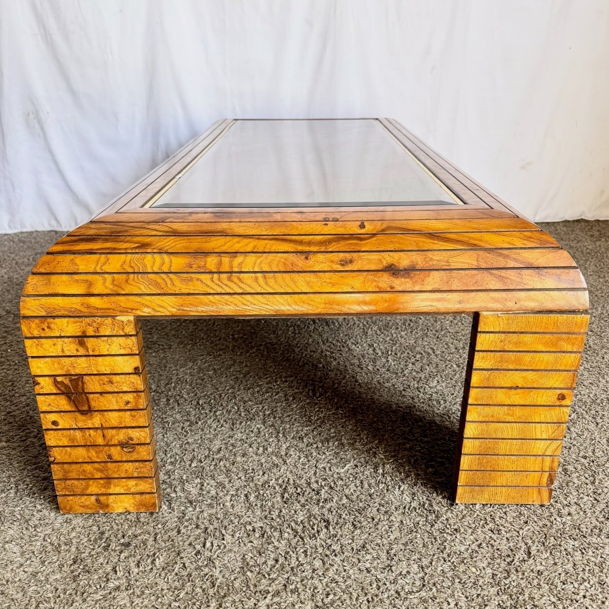 Mid Century Modern Waterfall Oak Smoked Mirror Coffee Table - Dolphin & Flamingo