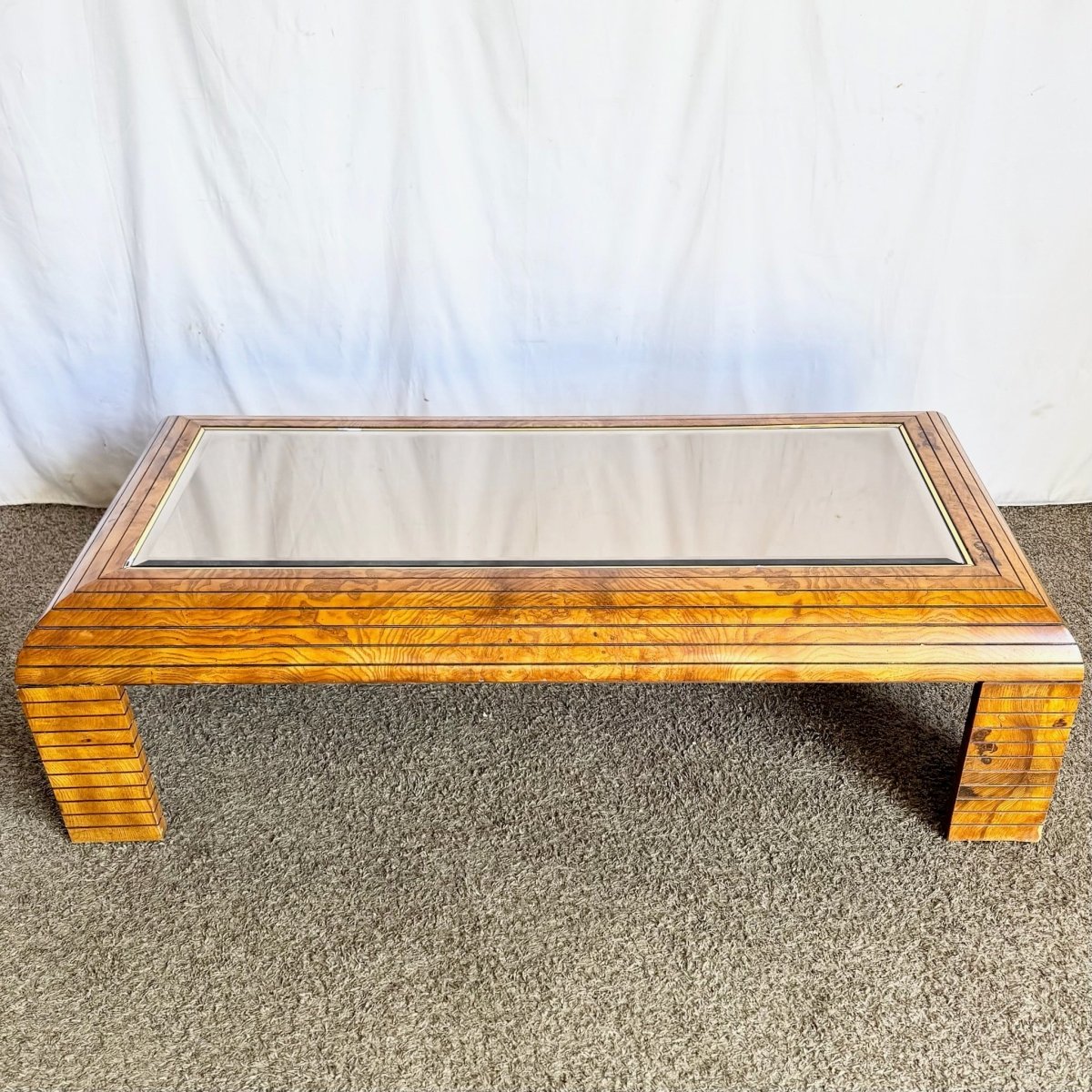 Mid Century Modern Waterfall Oak Smoked Mirror Coffee Table - Dolphin & Flamingo