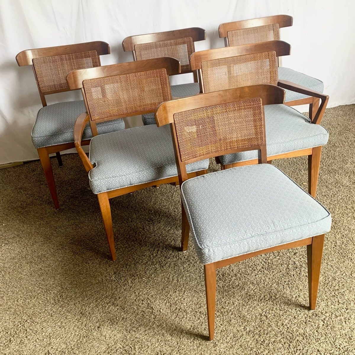 Mid Century Modern Wood and Cane Dining Chairs - Set of 6 - Dolphin & Flamingo