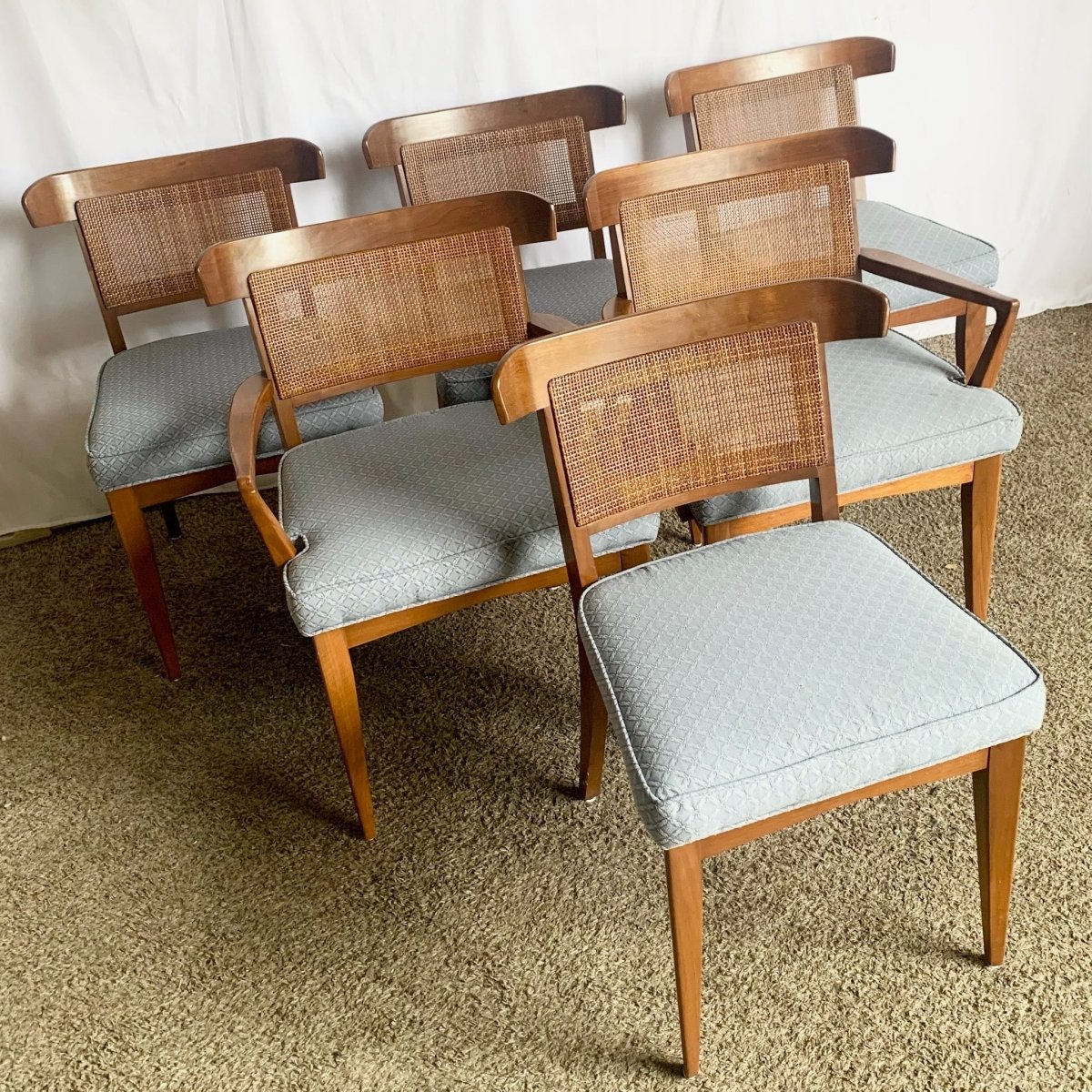 Mid Century Modern Wood and Cane Dining Chairs - Set of 6 - Dolphin & Flamingo