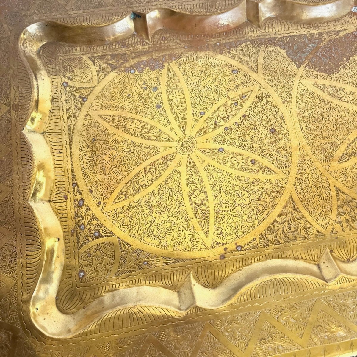 Mid - Century Moroccan Brass Tray Coffee Table With Foldable Spider Leg Base - Dolphin & Flamingo