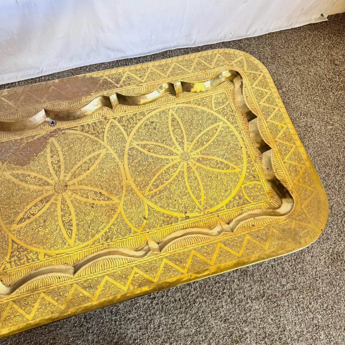 Mid - Century Moroccan Brass Tray Coffee Table With Foldable Spider Leg Base - Dolphin & Flamingo