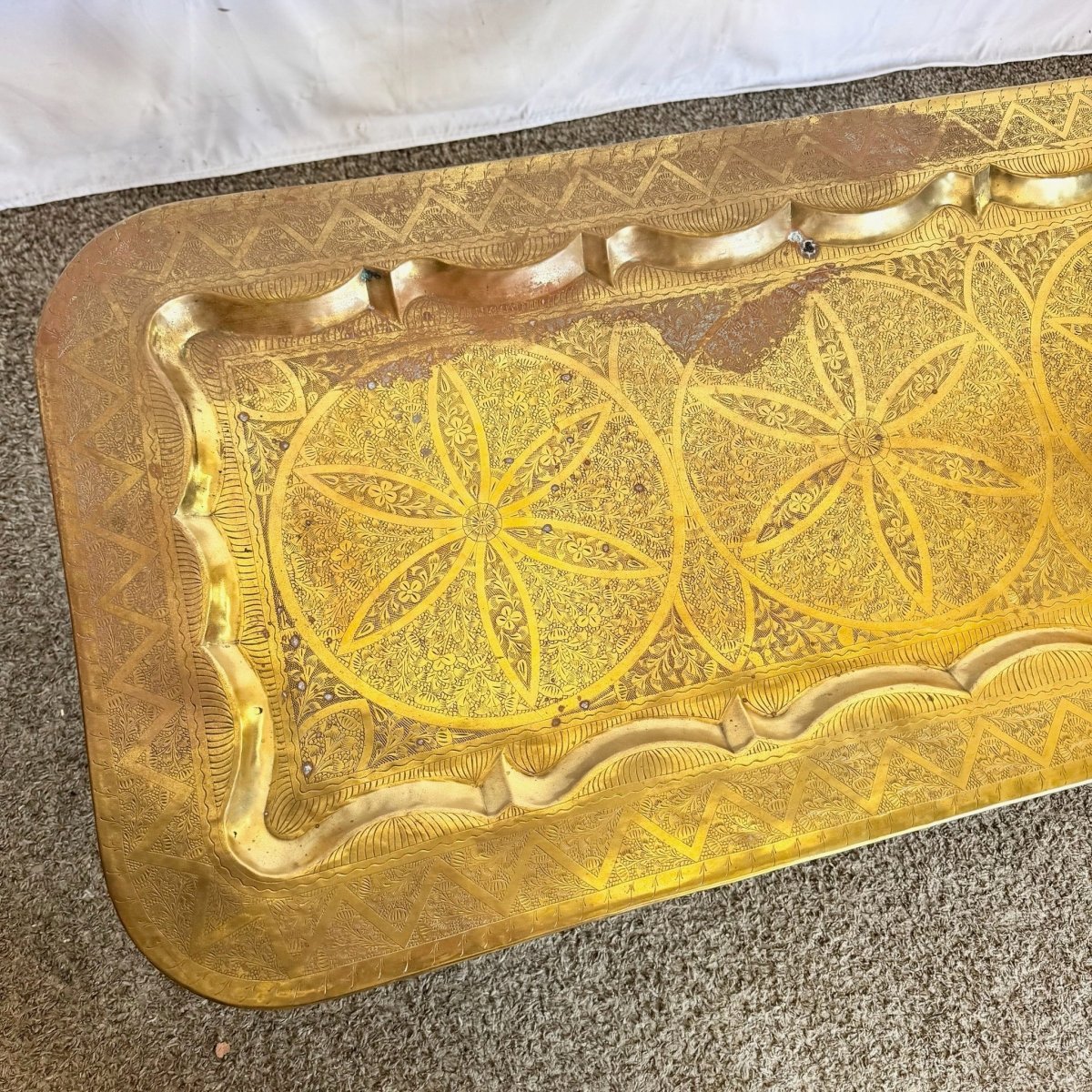 Mid - Century Moroccan Brass Tray Coffee Table With Foldable Spider Leg Base - Dolphin & Flamingo