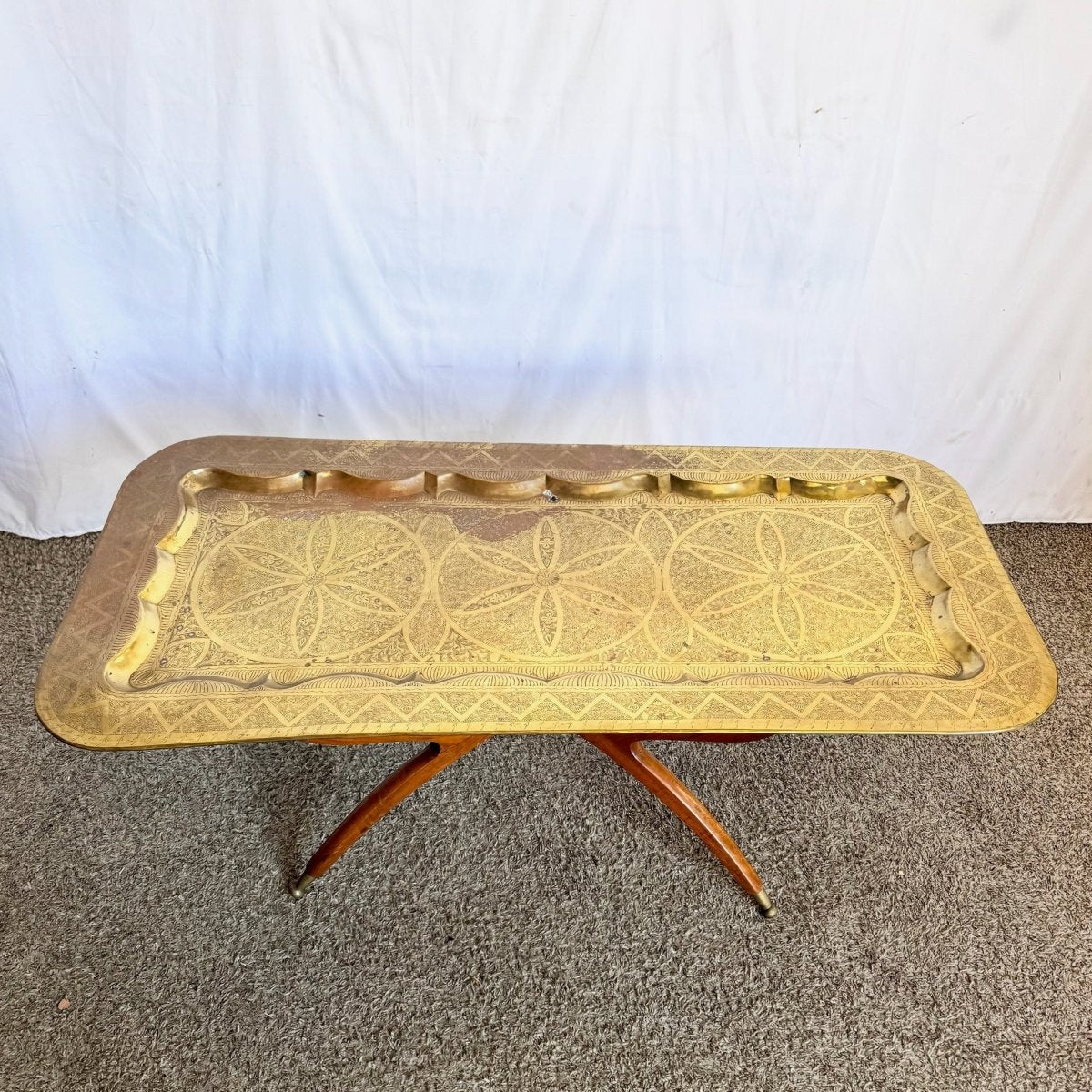 Mid - Century Moroccan Brass Tray Coffee Table With Foldable Spider Leg Base - Dolphin & Flamingo