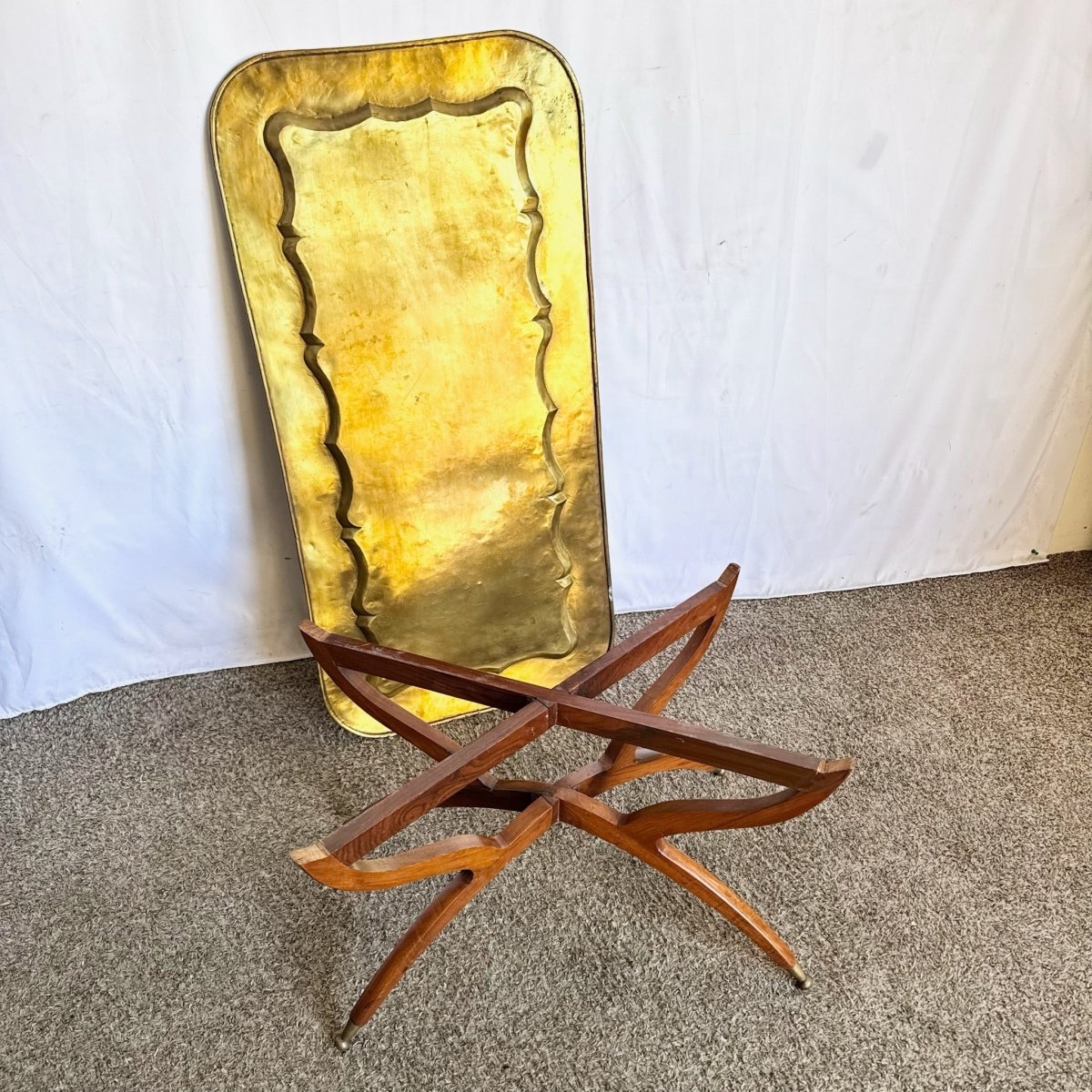 Mid - Century Moroccan Brass Tray Coffee Table With Foldable Spider Leg Base - Dolphin & Flamingo