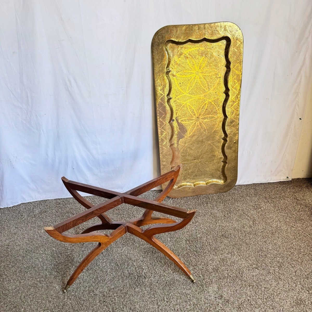 Mid - Century Moroccan Brass Tray Coffee Table With Foldable Spider Leg Base - Dolphin & Flamingo