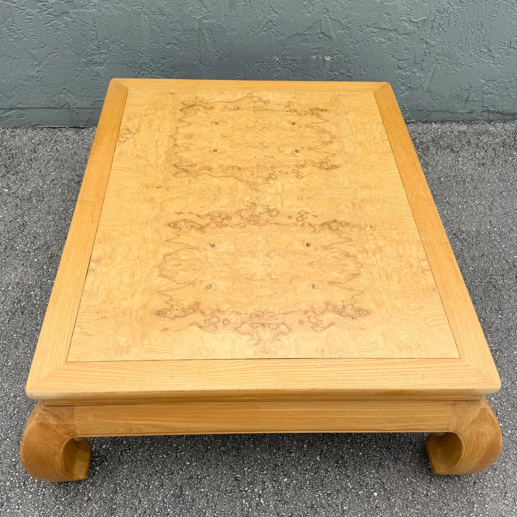 Ming Style Blonde Burlwood Scene Two Coffee Table by Henredon Dolphin & Flamingo