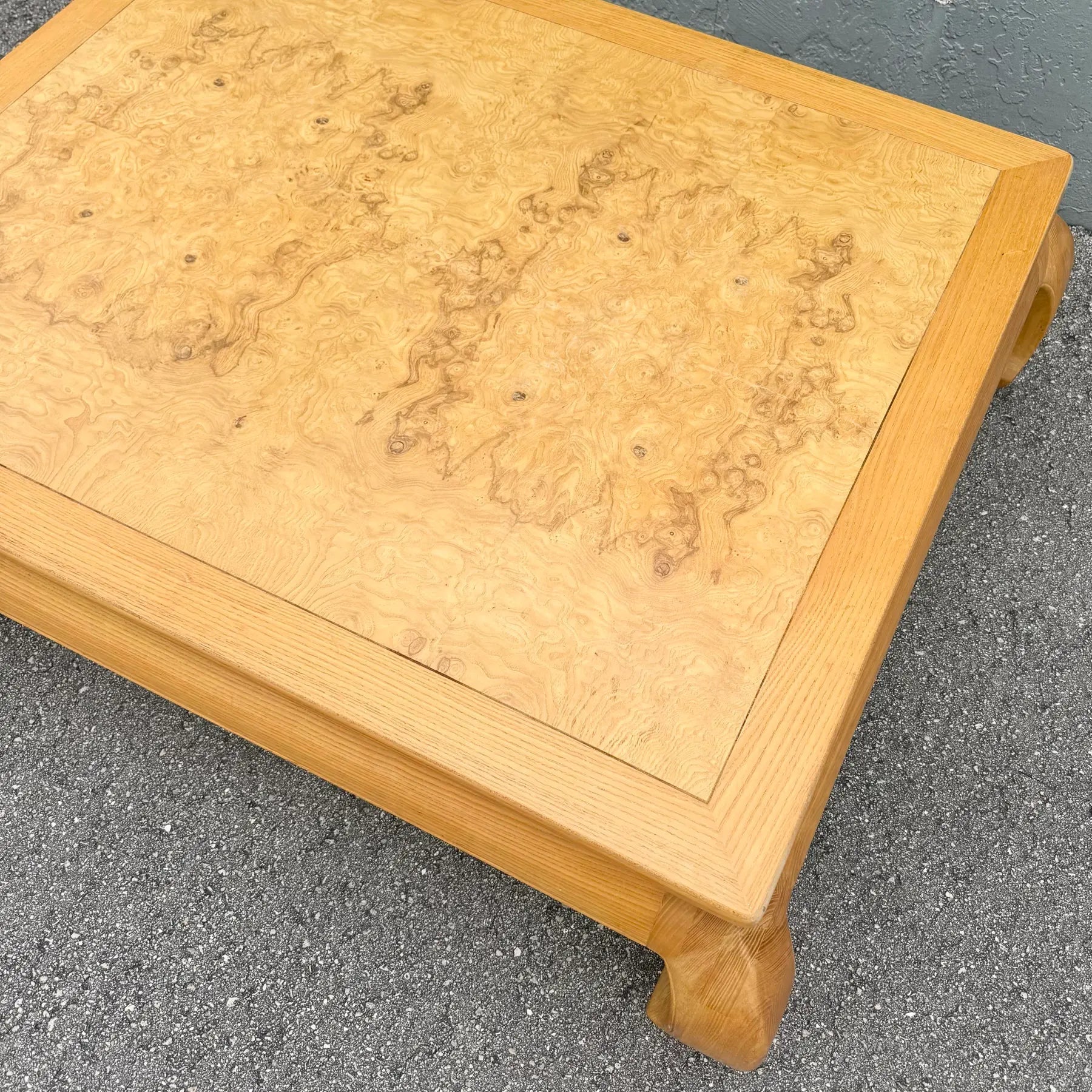 Ming Style Blonde Burlwood Scene Two Coffee Table by Henredon Dolphin & Flamingo