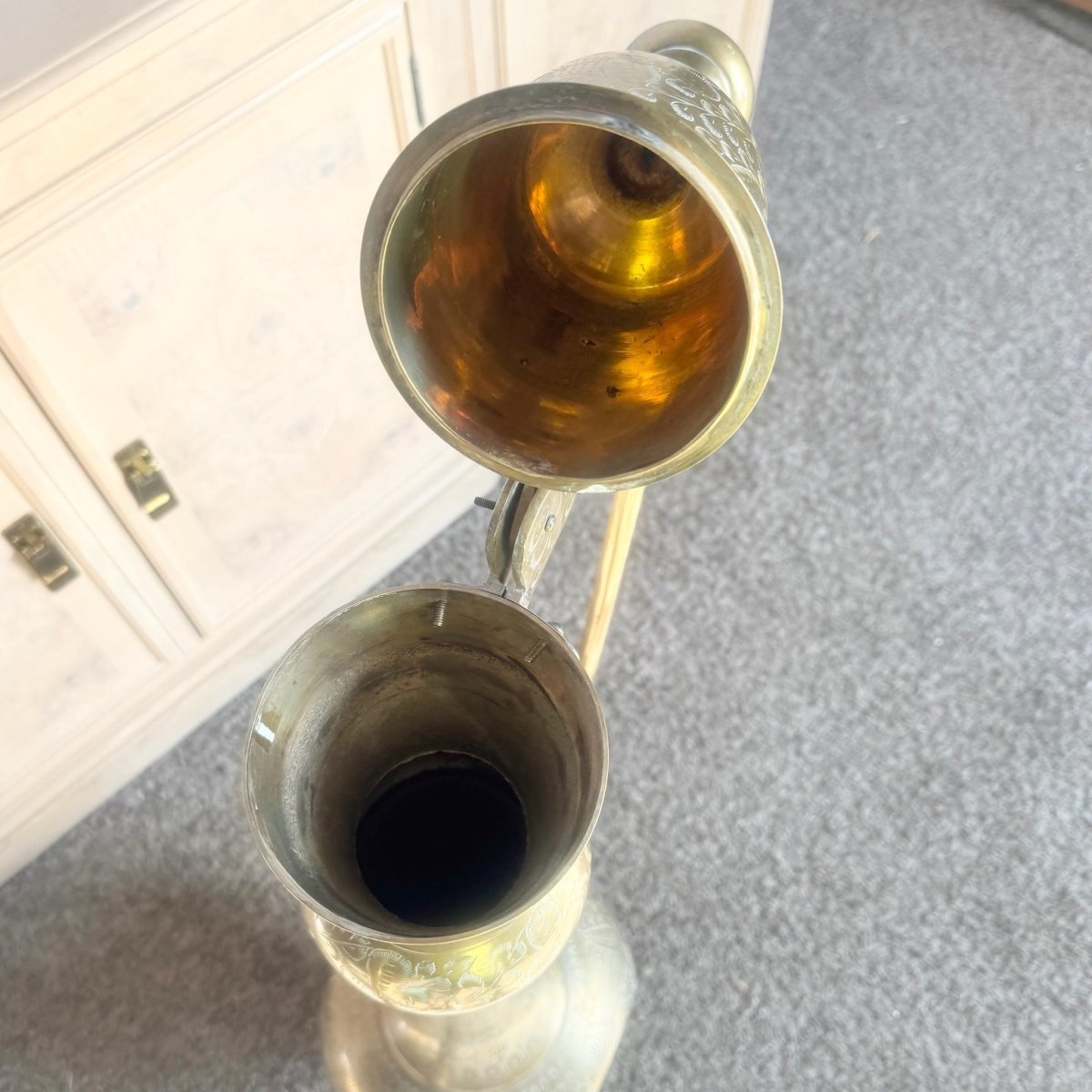 Moorish Etched Brass Pitcher/Ewer/Aftaba/Surahi - Dolphin & Flamingo