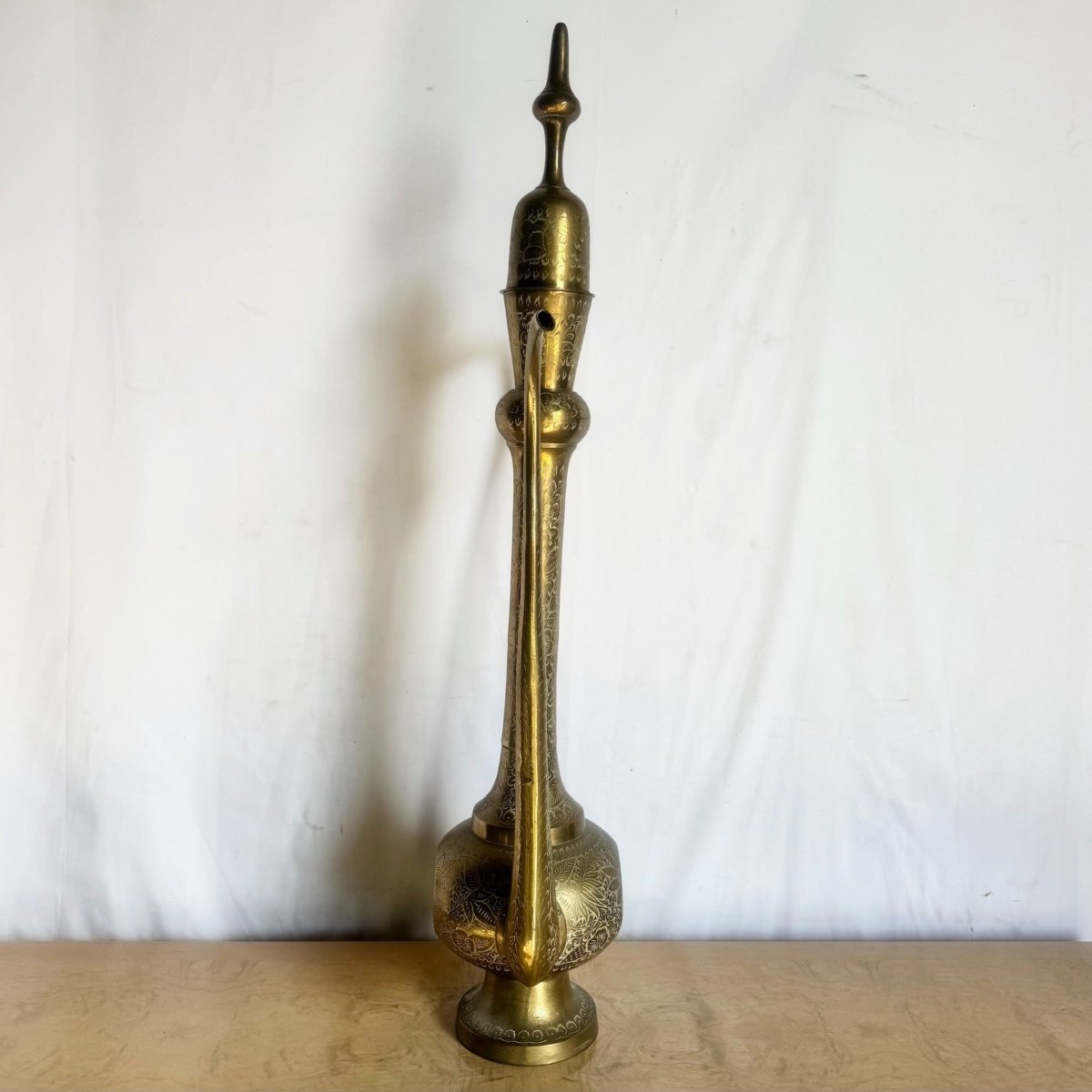 Moorish Etched Brass Pitcher/Ewer/Aftaba/Surahi - Dolphin & Flamingo