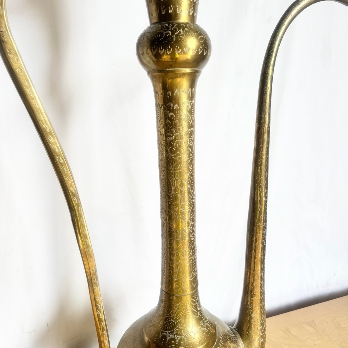 Moorish Etched Brass Pitcher/Ewer/Aftaba/Surahi - Dolphin & Flamingo