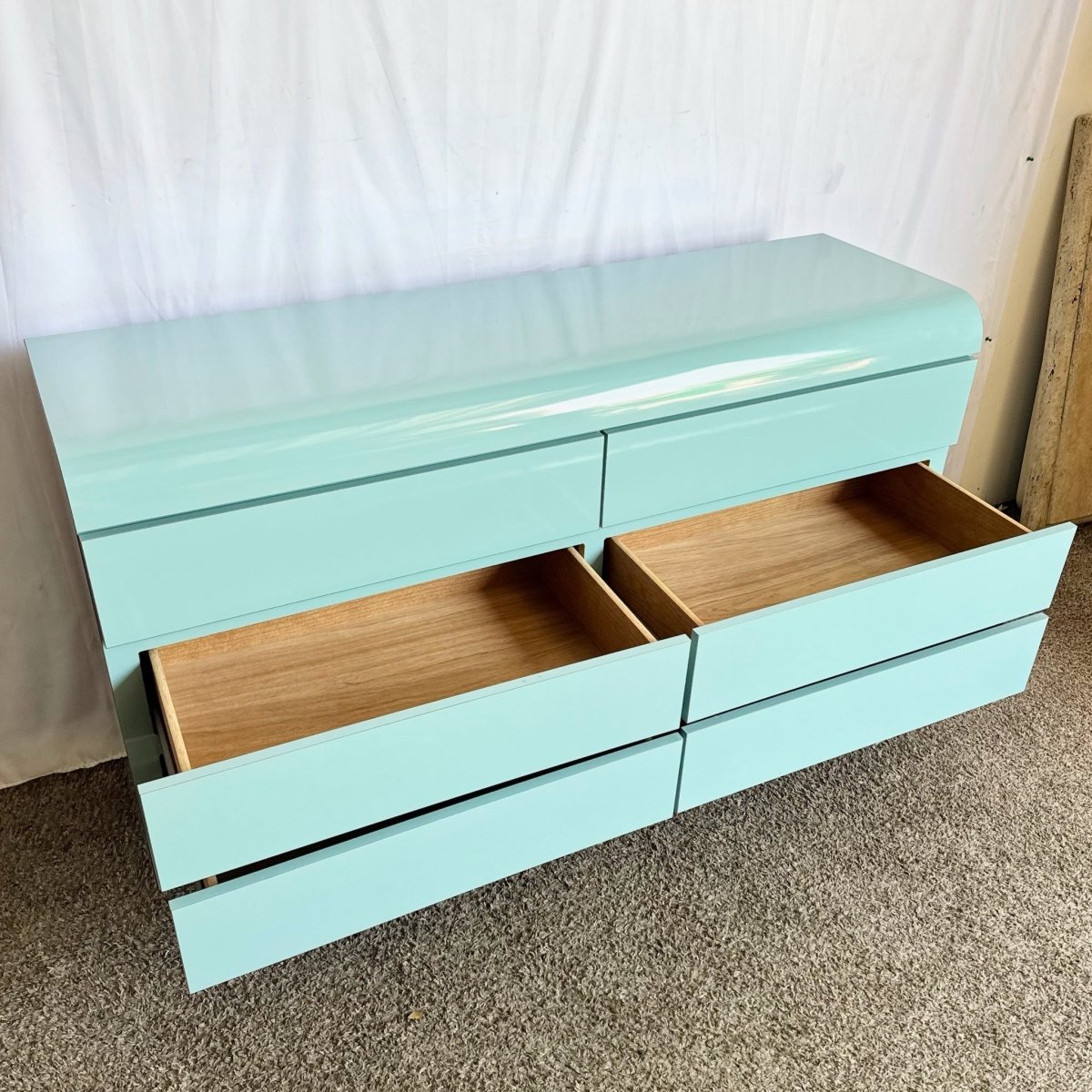 Postmodern Aqua Blue Lacquer Laminate Waterfall Dresser - Dolphin & Flamingo