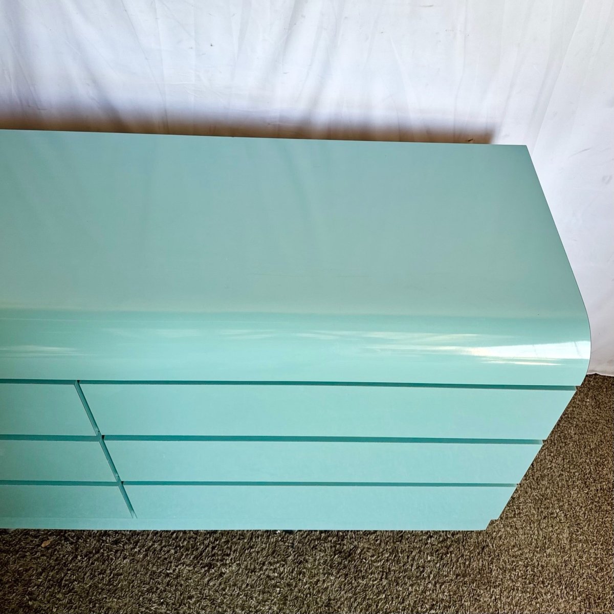 Postmodern Aqua Blue Lacquer Laminate Waterfall Dresser - Dolphin & Flamingo