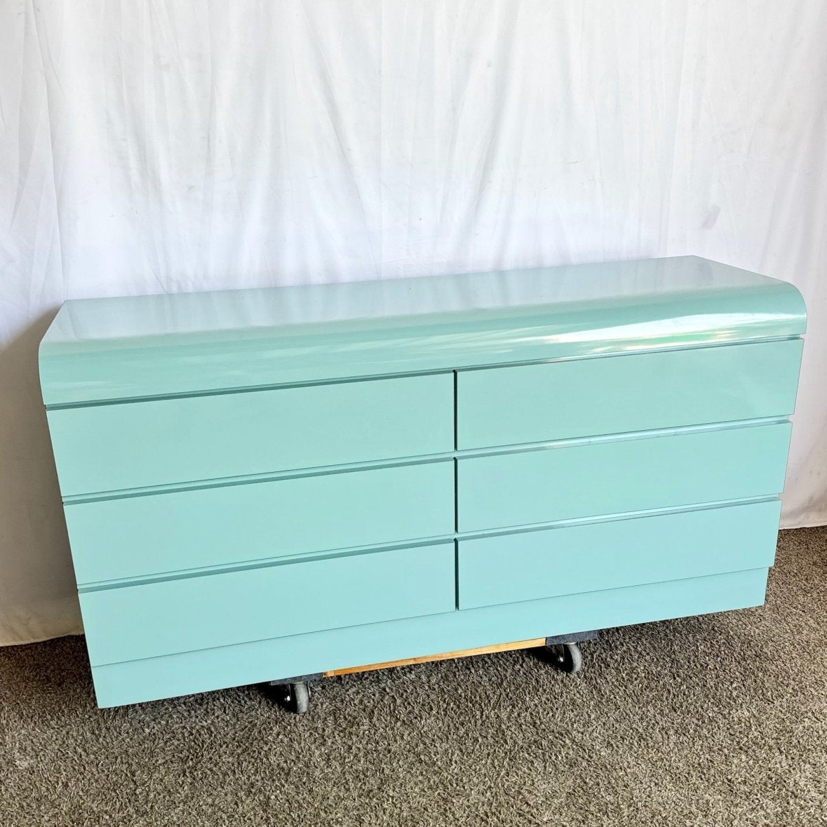 Postmodern Aqua Blue Lacquer Laminate Waterfall Dresser - Dolphin & Flamingo