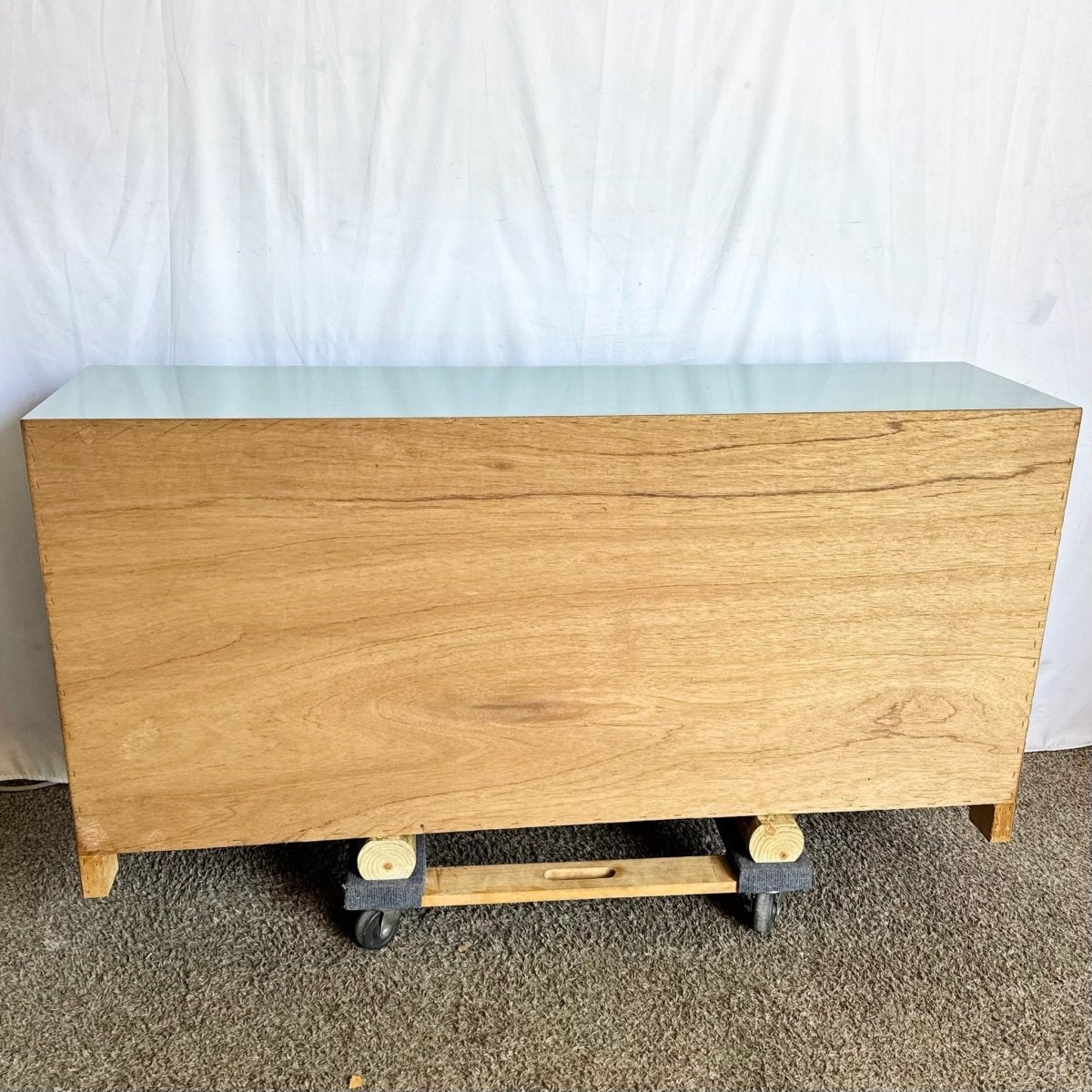 Postmodern Aqua Blue Lacquer Laminate Waterfall Dresser - Dolphin & Flamingo