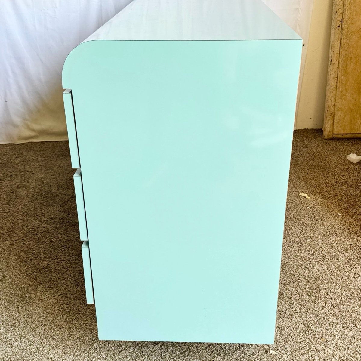 Postmodern Aqua Blue Lacquer Laminate Waterfall Dresser - Dolphin & Flamingo