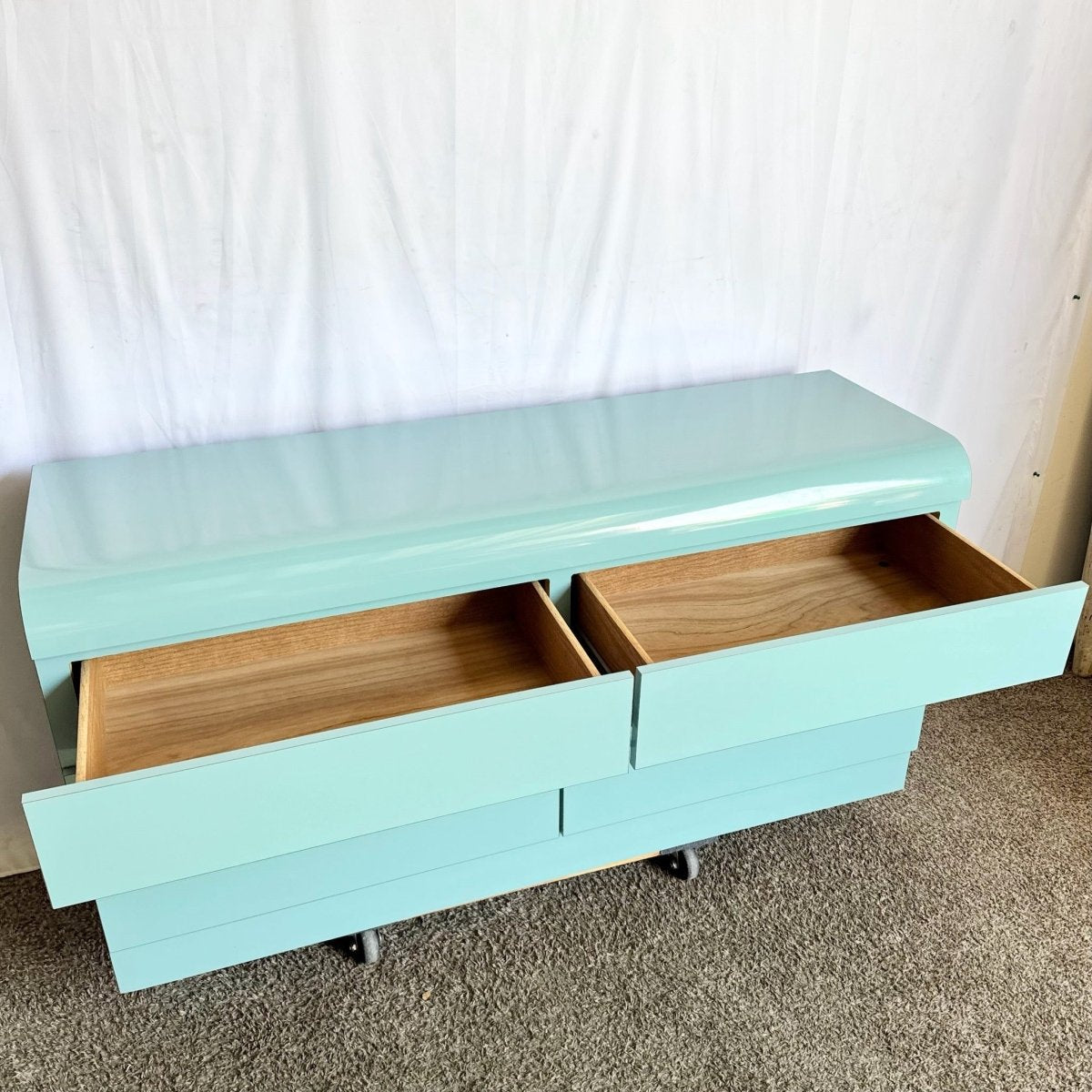 Postmodern Aqua Blue Lacquer Laminate Waterfall Dresser - Dolphin & Flamingo