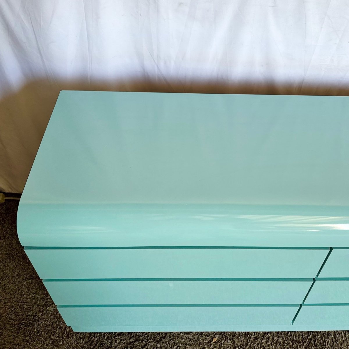 Postmodern Aqua Blue Lacquer Laminate Waterfall Dresser - Dolphin & Flamingo