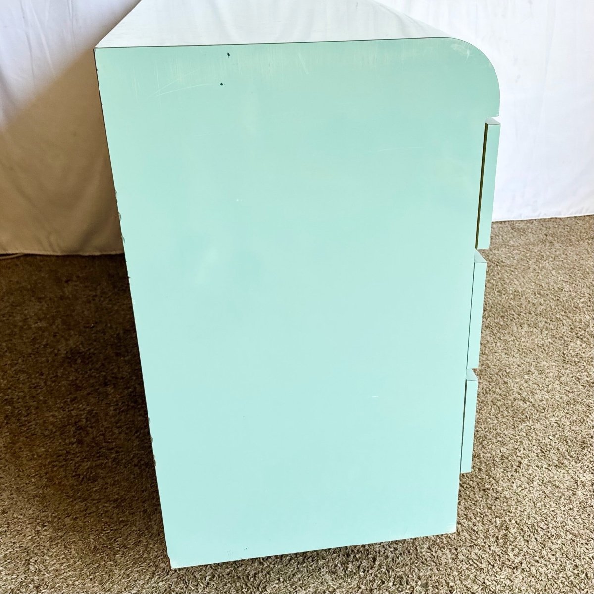 Postmodern Aqua Blue Lacquer Laminate Waterfall Dresser - Dolphin & Flamingo