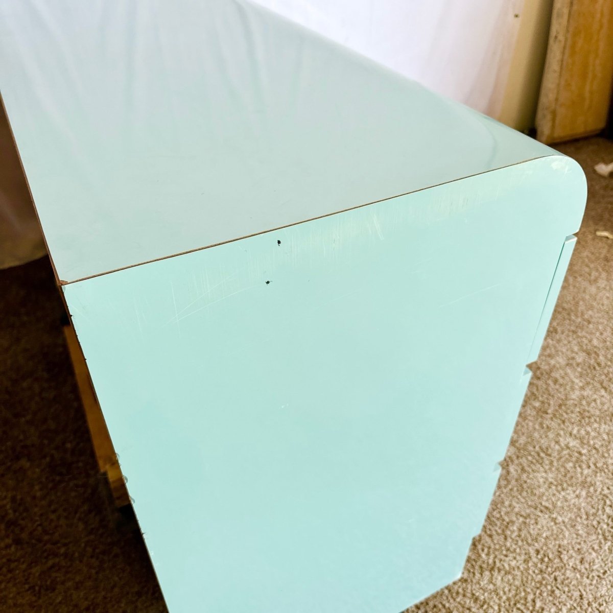 Postmodern Aqua Blue Lacquer Laminate Waterfall Dresser - Dolphin & Flamingo