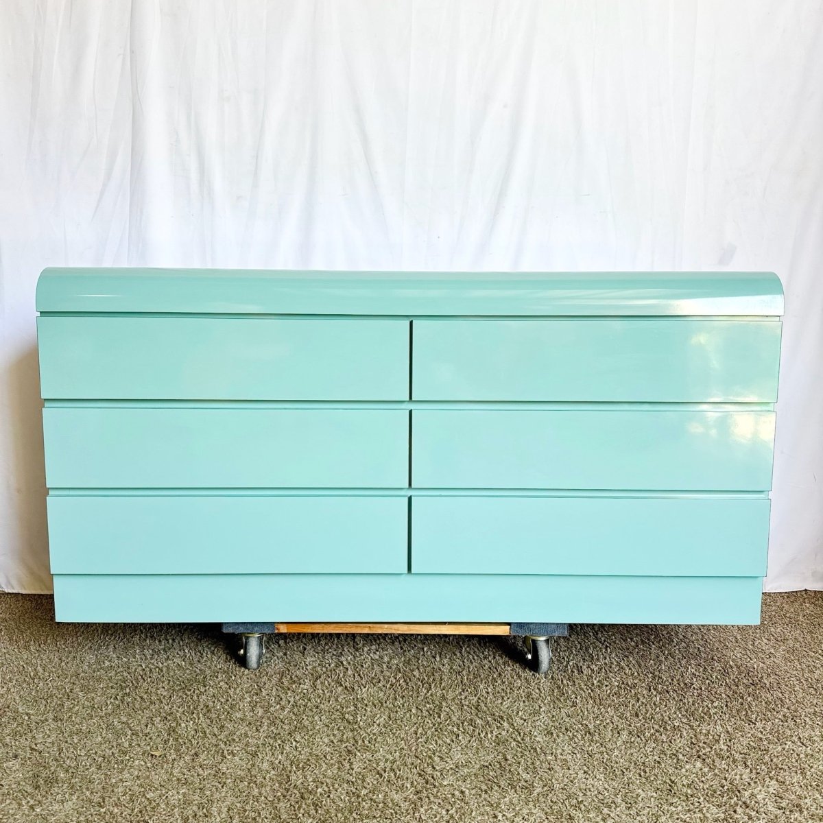 Postmodern Aqua Blue Lacquer Laminate Waterfall Dresser - Dolphin & Flamingo