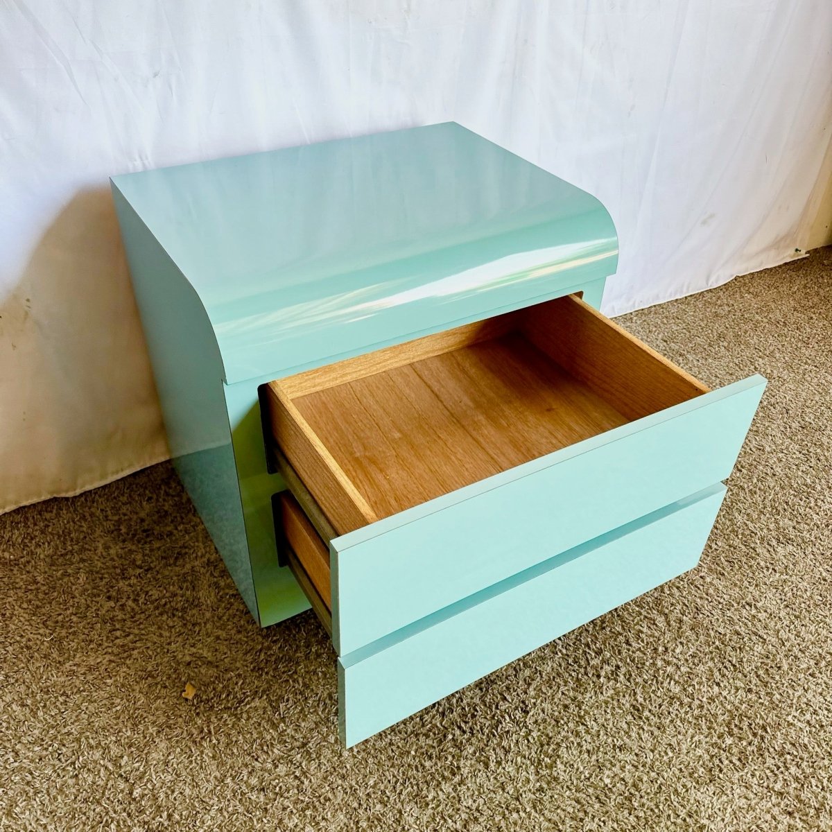 Postmodern Aqua Blue Lacquer Laminate Waterfall Nightstand - Dolphin & Flamingo