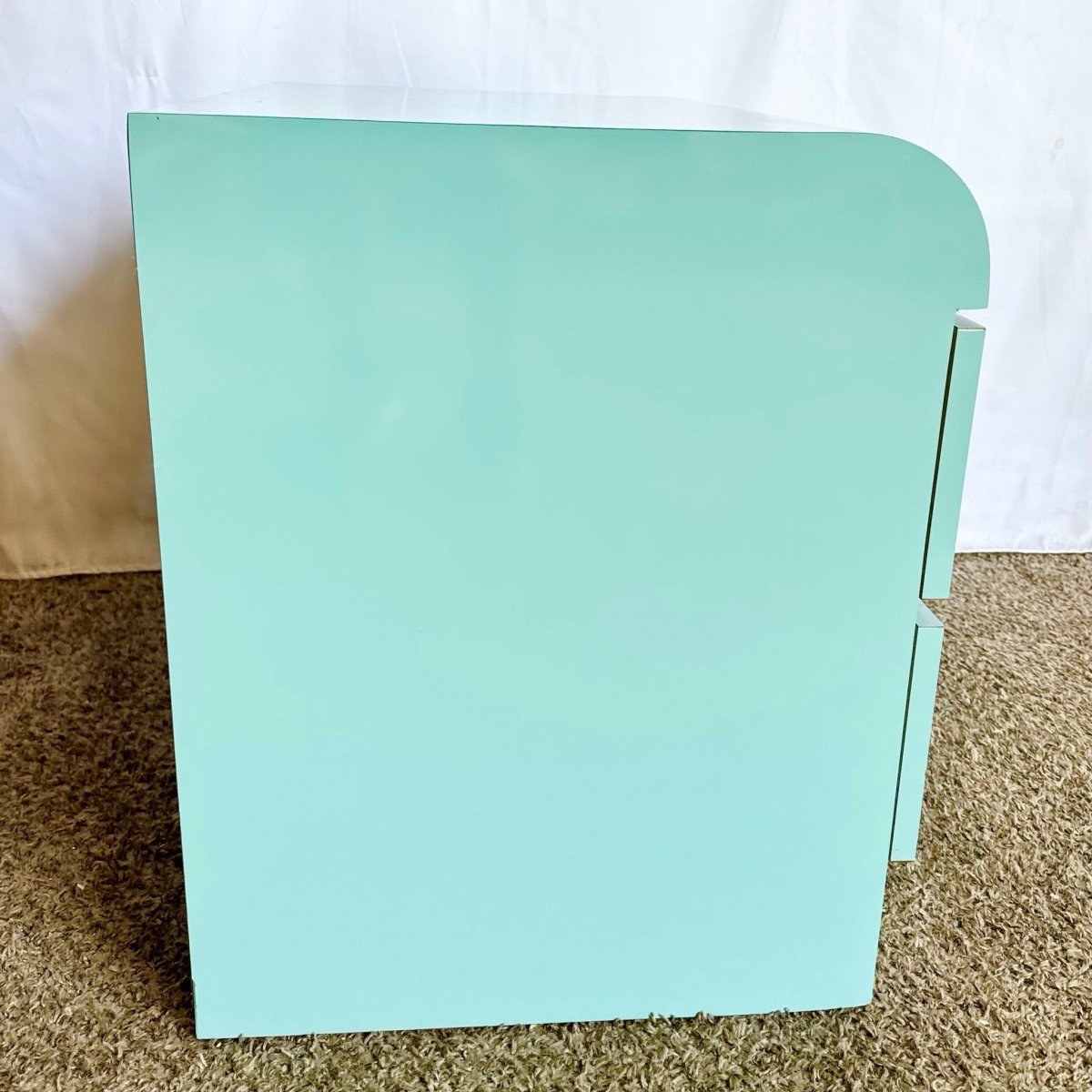 Postmodern Aqua Blue Lacquer Laminate Waterfall Nightstand - Dolphin & Flamingo
