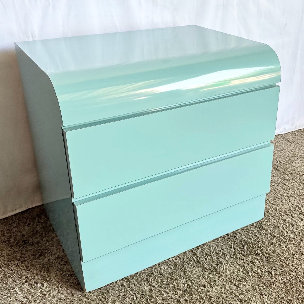 Postmodern Aqua Blue Lacquer Laminate Waterfall Nightstand - Dolphin & Flamingo