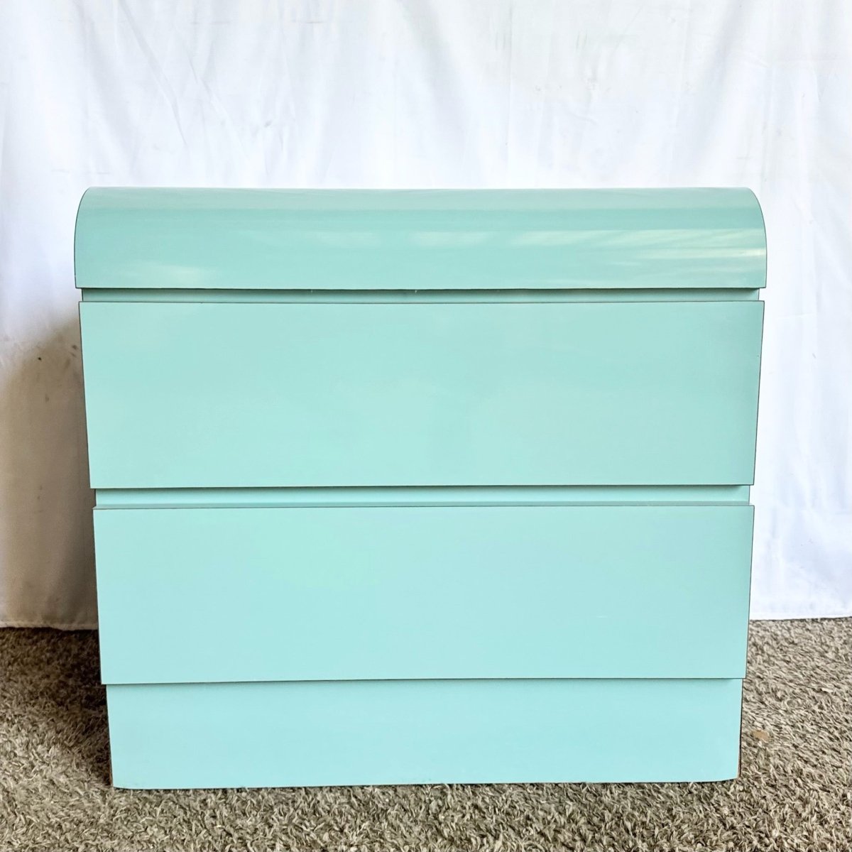 Postmodern Aqua Blue Lacquer Laminate Waterfall Nightstand - Dolphin & Flamingo