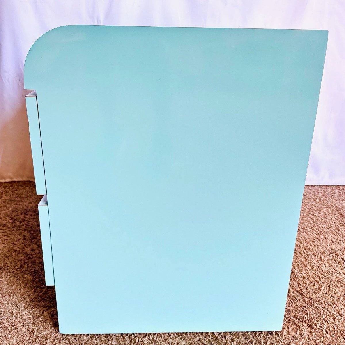 Postmodern Aqua Blue Lacquer Laminate Waterfall Nightstand - Dolphin & Flamingo