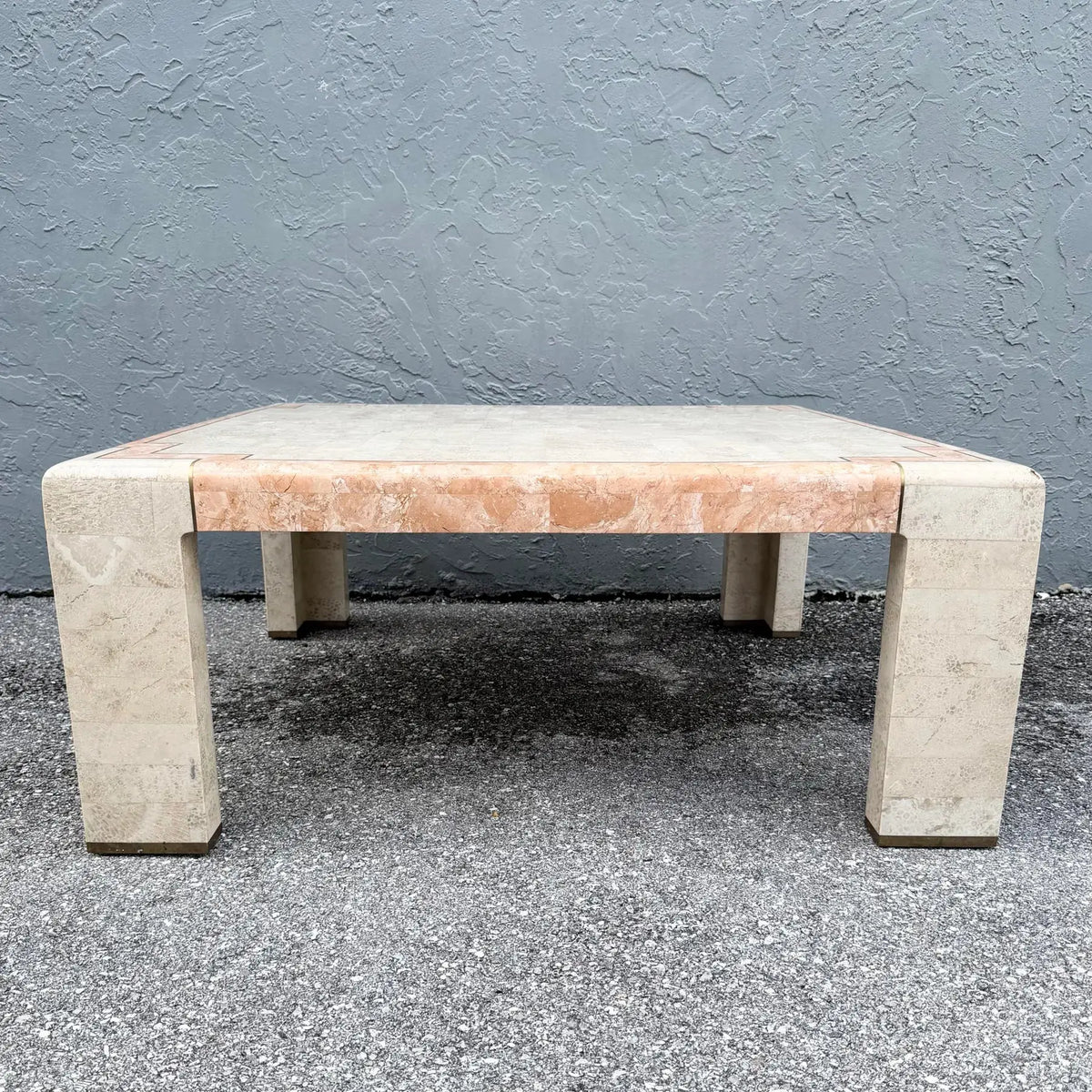 Postmodern Tessellated Stone Coffee Table with Brass Inlay Dolphin & Flamingo