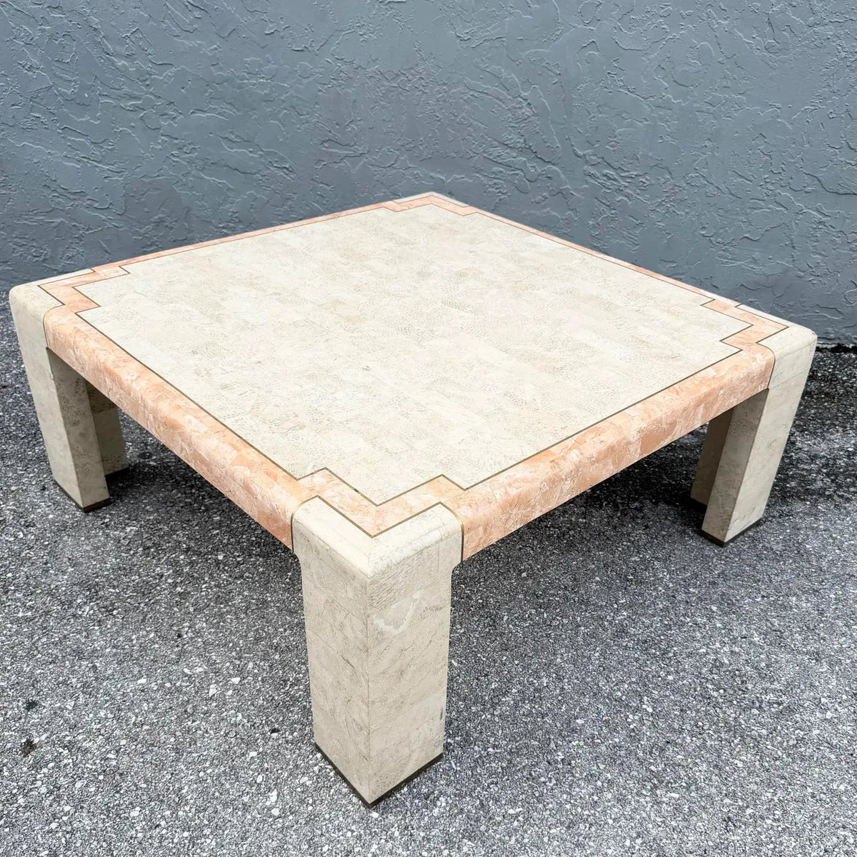 Postmodern Tessellated Stone Coffee Table with Brass Inlay Dolphin & Flamingo