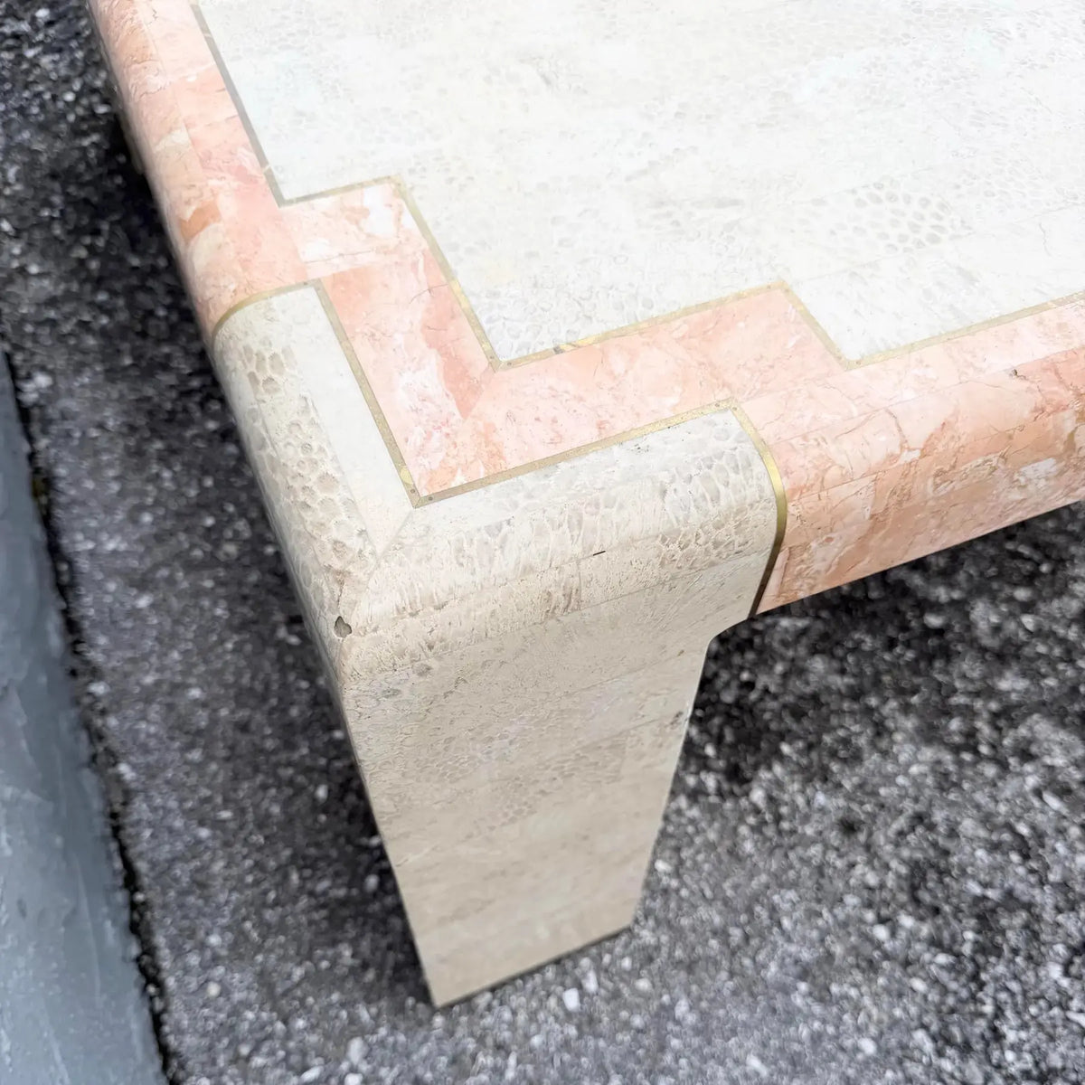 Postmodern Tessellated Stone Coffee Table with Brass Inlay Dolphin & Flamingo